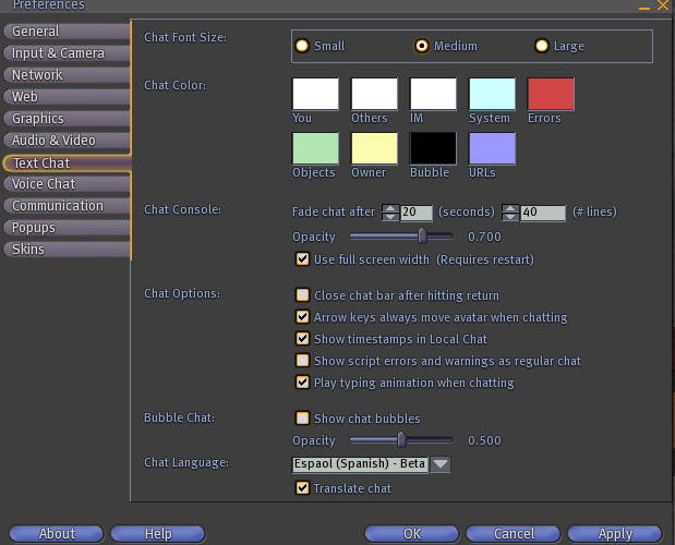 Second Life Prefrences for Text Chat